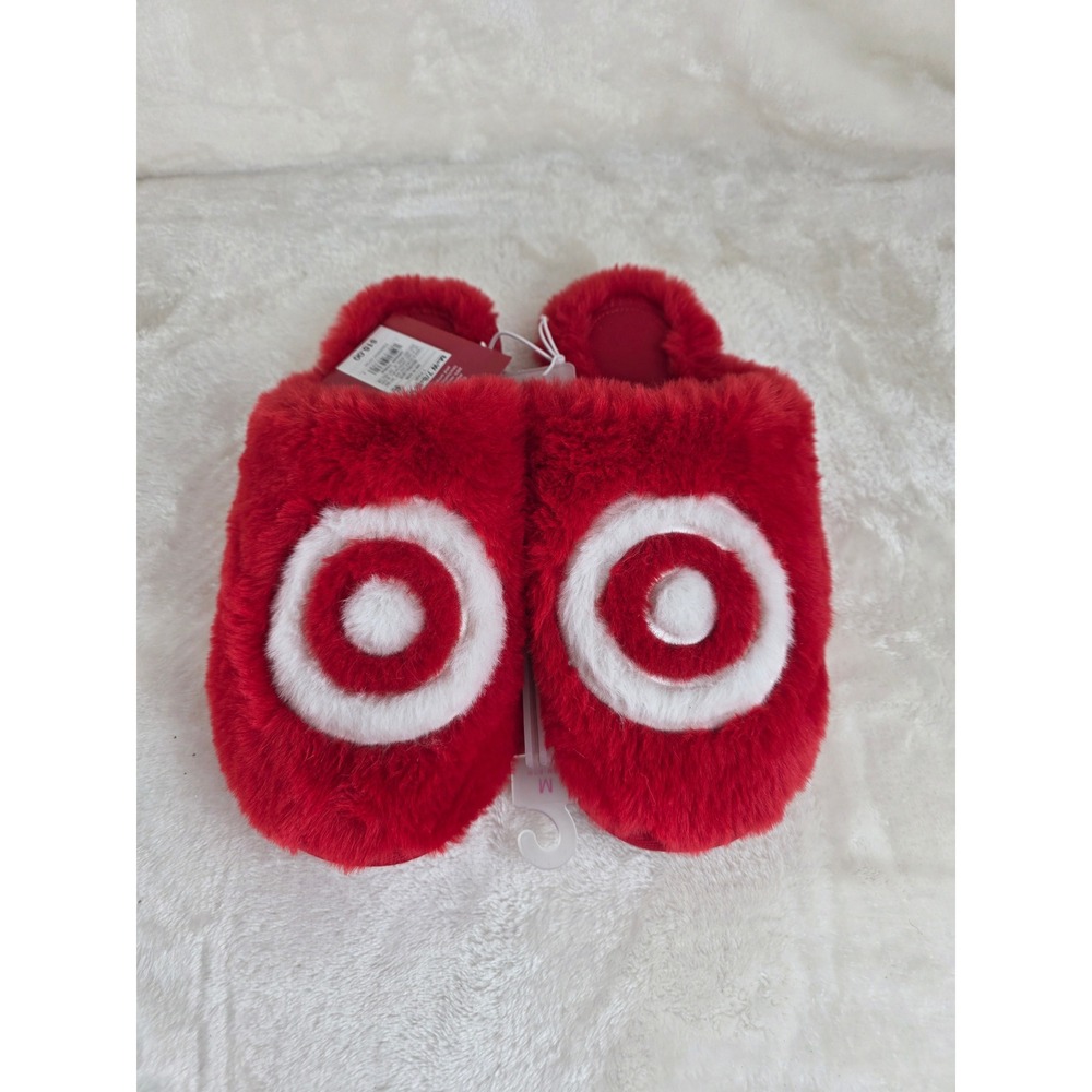 Target Womens Red Fuzzy Slippers Bullseye Logo Size‎ M 7/8 NWT